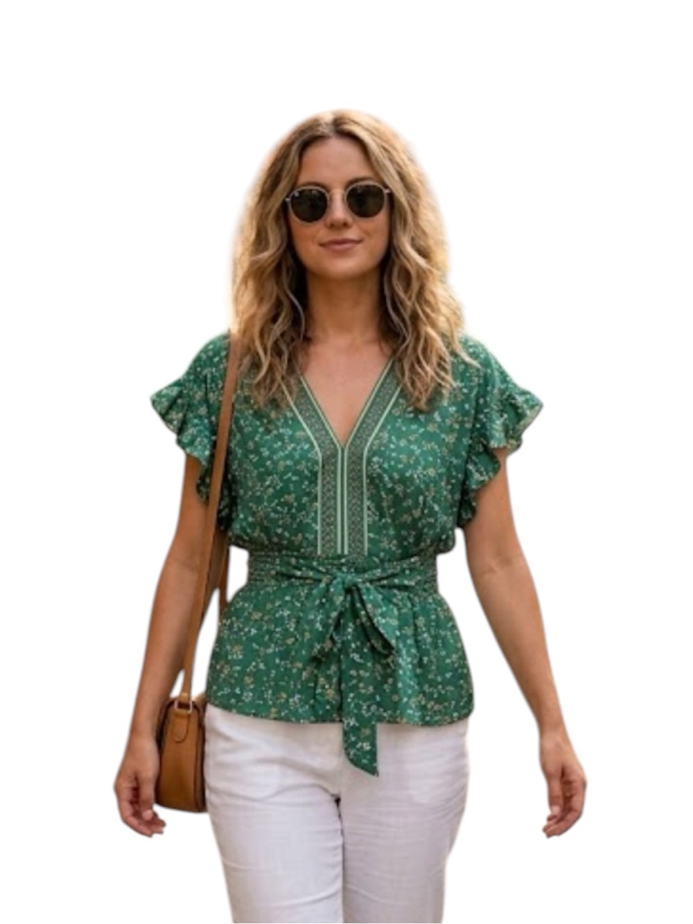 Max Studio Green Belted Waist with Ruffled Sleeves‎ Blouse Size L